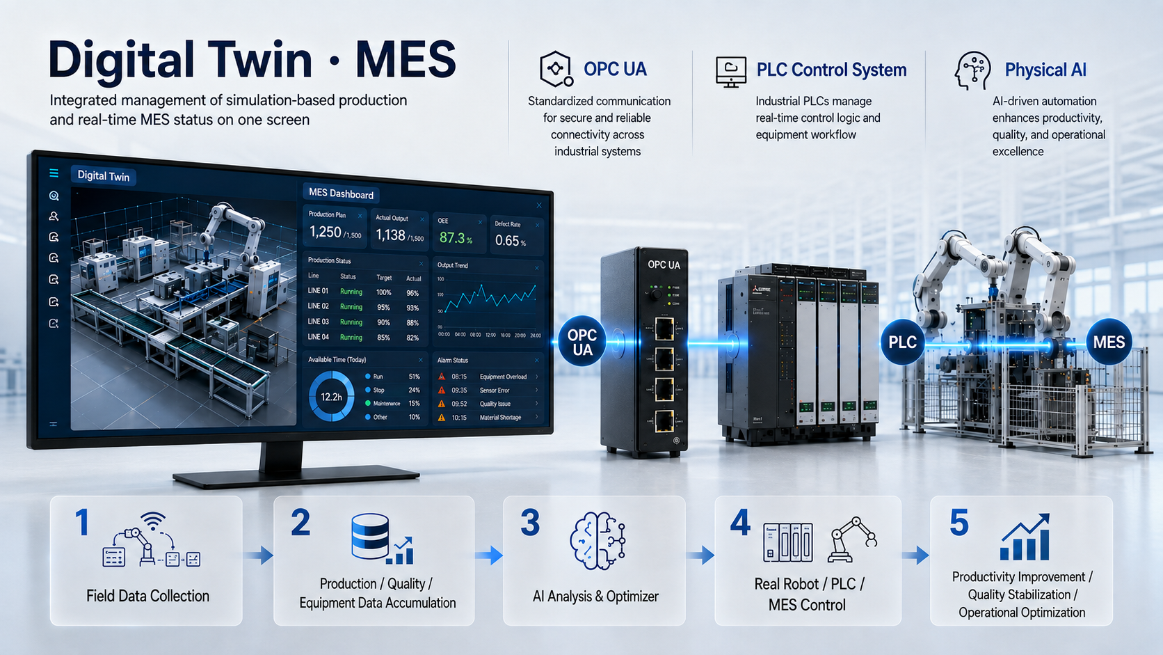 Digital Twin·MES, OPC UA, PLC 제어, Physical AI — 현장 데이터 수집 → 데이터 축적 → AI 분석·Optimizer → 로봇·PLC·MES 제어 → 생산성·품질·운영 최적화로 이어지는 AI 운영 최적화 루프