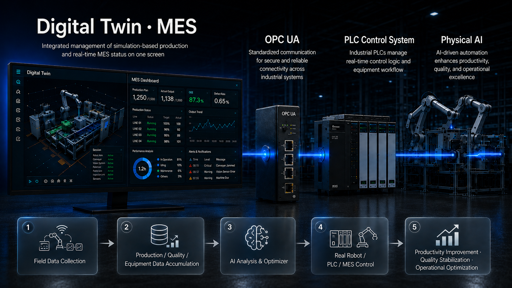 Digital Twin·MES, OPC UA, PLC 제어, Physical AI — 현장 데이터 수집 → 데이터 축적 → AI 분석·Optimizer → 로봇·PLC·MES 제어 → 생산성·품질·운영 최적화로 이어지는 AI 운영 최적화 루프